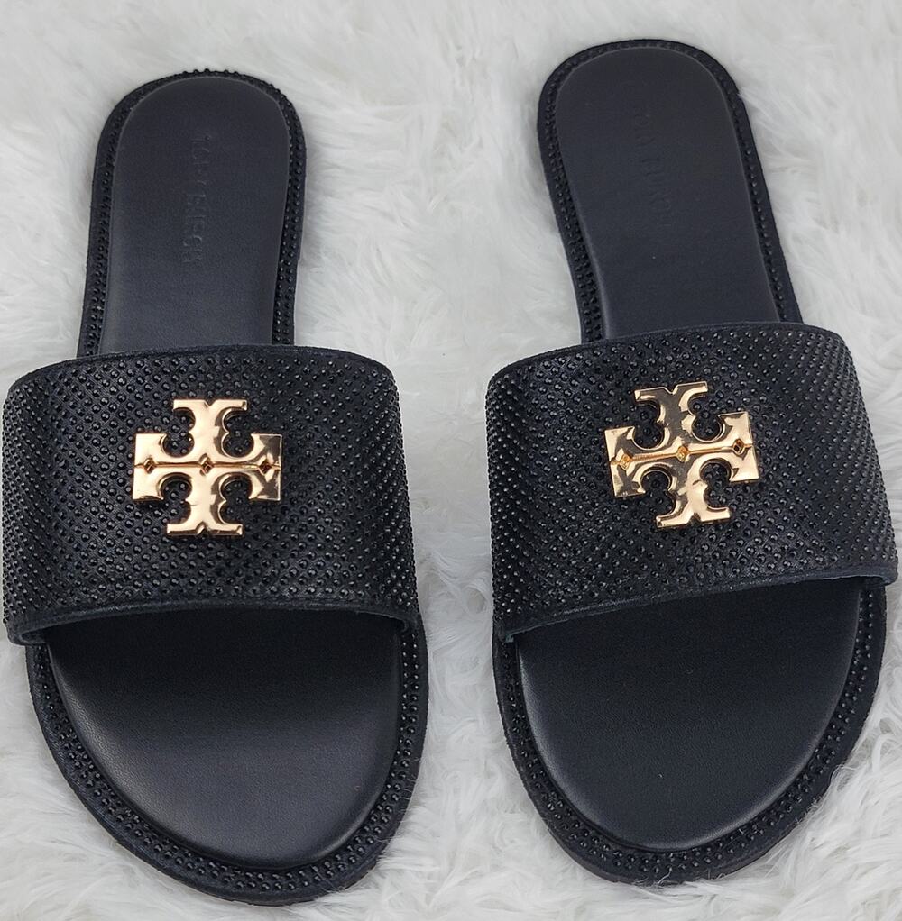 Designer Women Sz 9W 40 Sandals Black Bling Crystals Gold Logo Tory Slides NIB